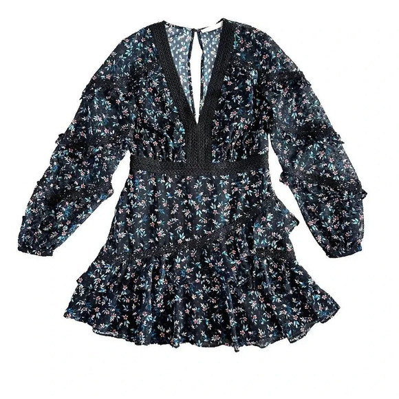 La Maison Talulah Dress Womens Medium Tiered Swiss Dot Ruffle Sheer Lace Aplique - Picture 1 of 16